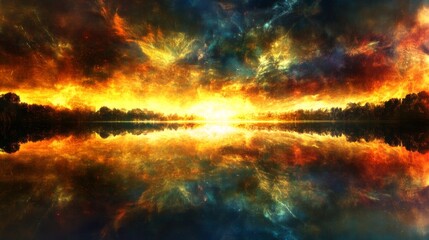 Naklejka premium Glowing Colors Over Calm Lake at Dusk