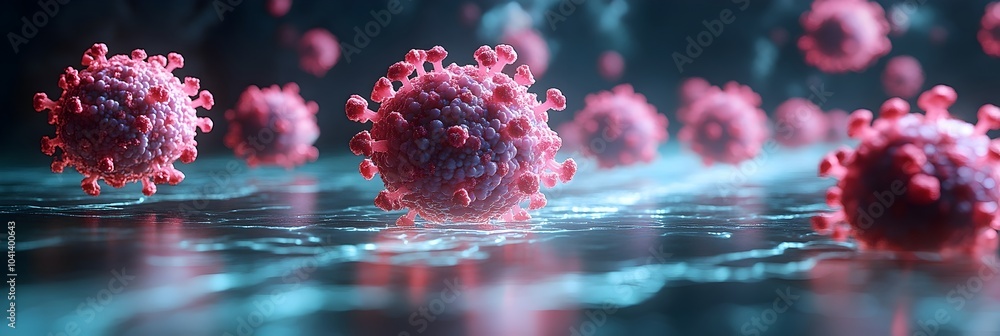 Poster detailed microscopic view of red and pink coronavirus molecules or pathogens floating in a blue liqu