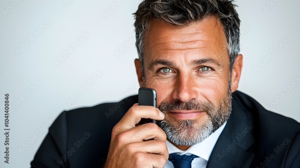 Poster confident middle aged businessman in formal attire using a cellphone and looking aside with a positi