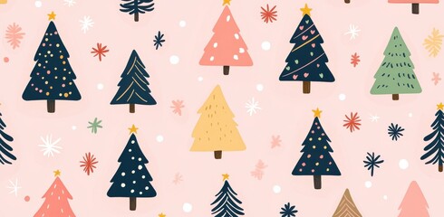 Charming Christmas tree pattern with decorative trees and festive symbols on a soft pink background ideal for holiday-themed designs and creative projects.