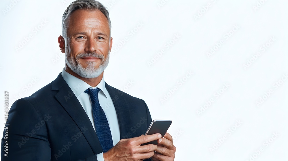 Poster smiling mature businessman in a formal business suit standing isolated on a clean white background u