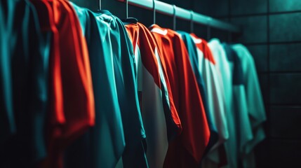 hanging colorful sports jerseys in a locker room