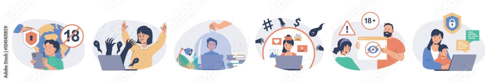 Poster internet cyber safety for kids concept set with characters in flat design for web. people protecting