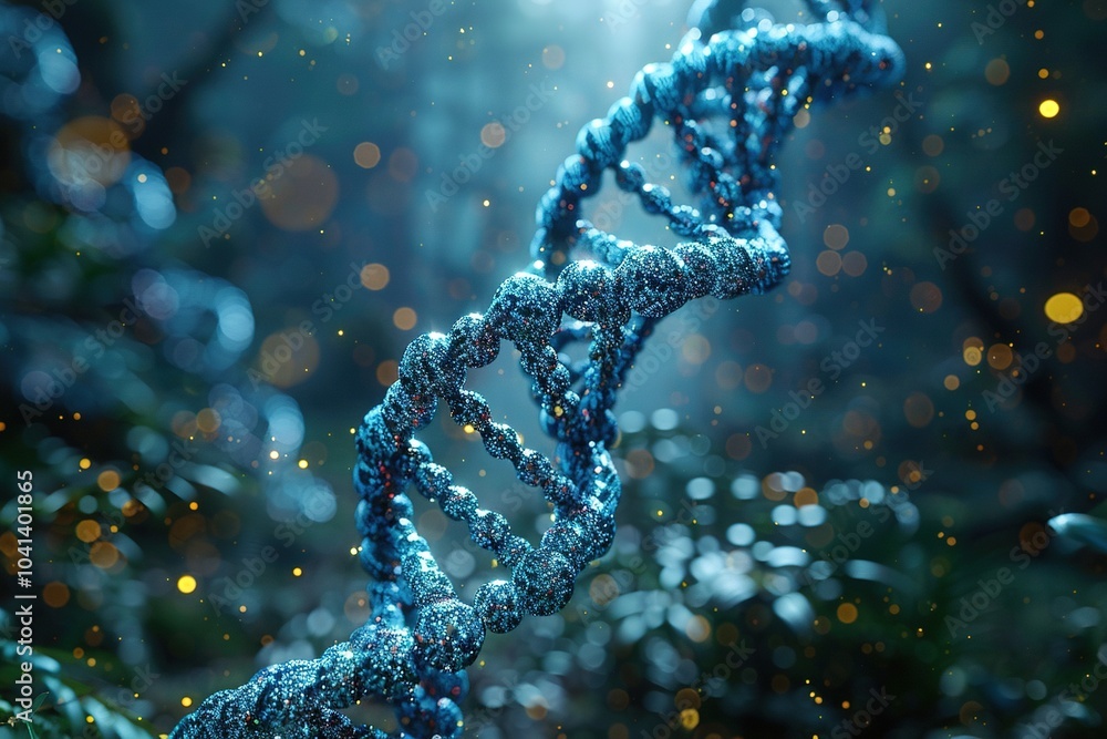Poster a close-up of a dna double helix in a mystical environment with glowing particles.