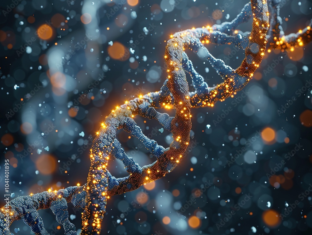 Poster a close-up view of a dna double helix with glowing particles in a dark, abstract background.