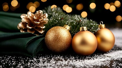 Christmas table setting with red and gold ornaments, green linen, and a snow-dusted centerpiece of pine branches, perfect for winter advertisements