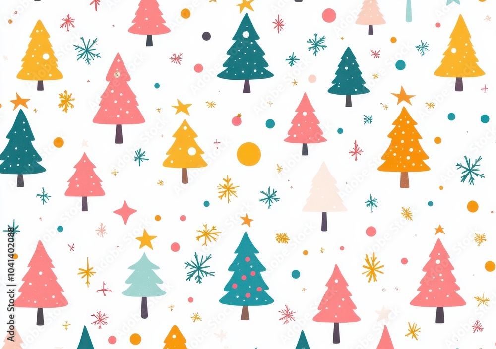 Poster playful christmas tree pattern with colorful and whimsical elements on a white background, featuring