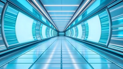 Empty advertising billboards in an underground metro station, clean minimalistic design, blue and white neon lighting, sleek metal surroundings, hyper-realistic, wide-angle shot