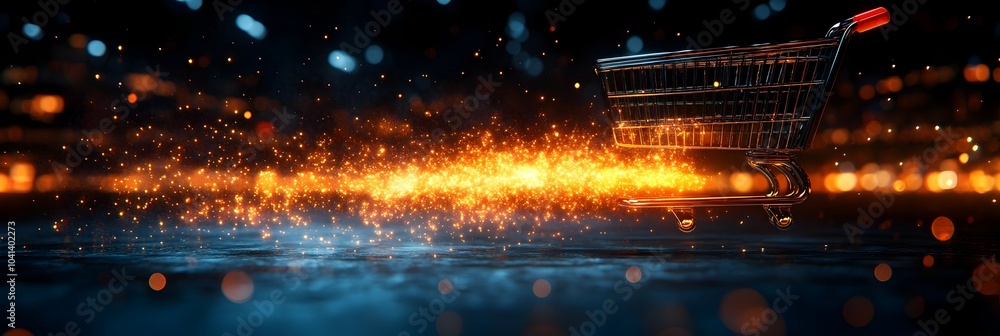 Poster Dynamic and dramatic night scene with a fiery,explosive online shopping cart flying through the darkness,creating a powerful abstract and graphic visual effect with bright flames,sparks.