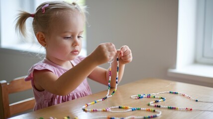 Little girl making a bead necklace at a wooden table