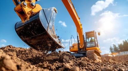 Close-up of an excavator bucket digging into the earth, with clear blue skies above and a vibrant construction site in the background, perfect for advertising