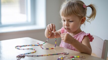 Little girl making a bead necklace at a wooden table