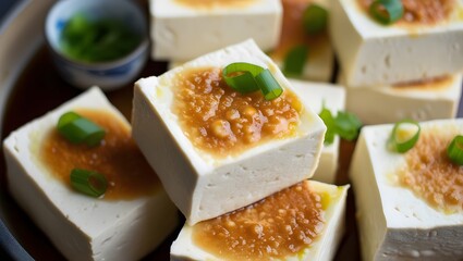 Cubed tofu topped with sauce.