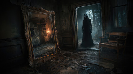 In the reflection of a fogged mirror, a ghostly figure with a ghastly grin appears, its spectral form blending with the decaying mansion's shattered furniture and lurking shadows.