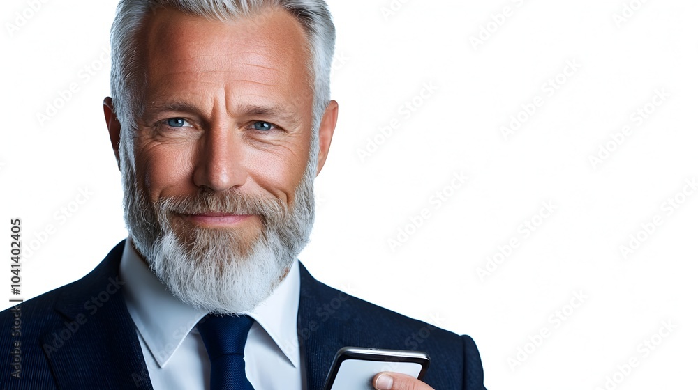 Poster smiling middle aged businessman in formal business attire such as suit and tie holding a mobile phon