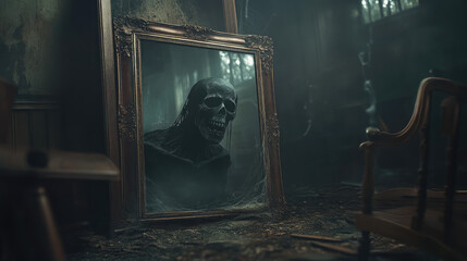 Ghostly figure with a ghastly grin and spectral features, visible in the reflection of a fogged, tarnished mirror in a dark, decrepit mansion, with broken furniture and eerie shadows.