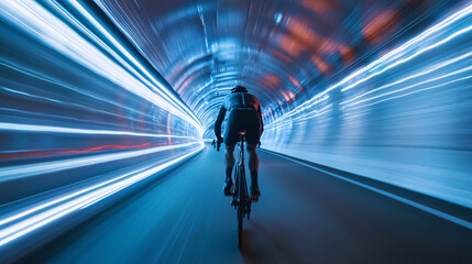 Fototapeta premium Cyclist Pedaling Through a Futuristic Tunnel, with Motion Blur Lines Radiating Around Them 