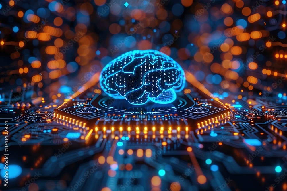 Poster a digital brain on a circuit board, symbolizing artificial intelligence and technology.