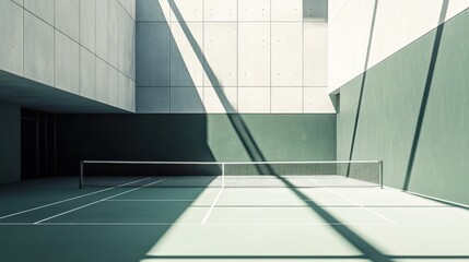 tennis court with shadow lines in bright sunlight