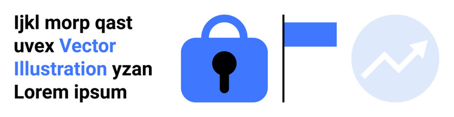 Blue lock icon symbolizes security, with a rising arrow chart indicating growth. Text demonstrates placeholder text concept. Ideal for cybersecurity, data protection, business growth, placeholder