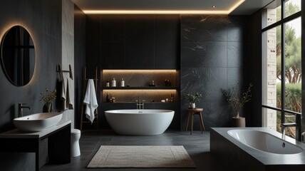 Modern bathroom with dark grey tiles, two tubs, a large window and wood accents.