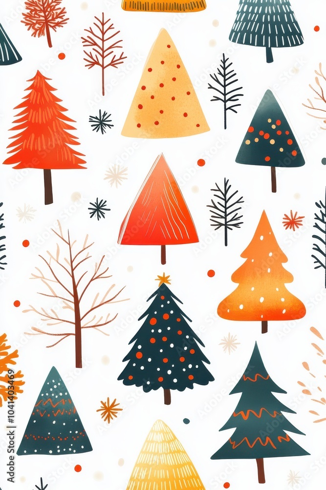 Poster cute christmas tree pattern with simple lines and vibrant colors featuring various stylized trees on