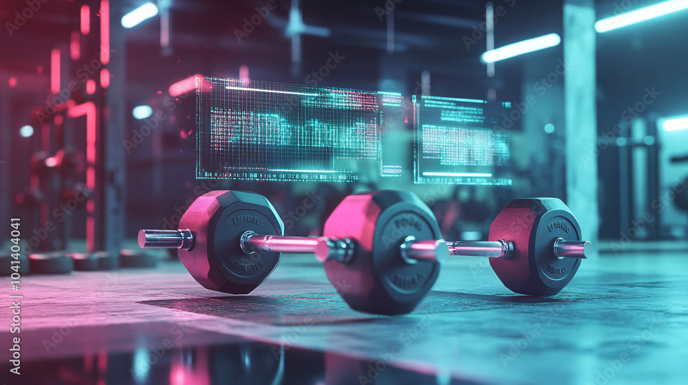 Poster dumbbells floating in a gym with transparent holographic weight readings hovering above them