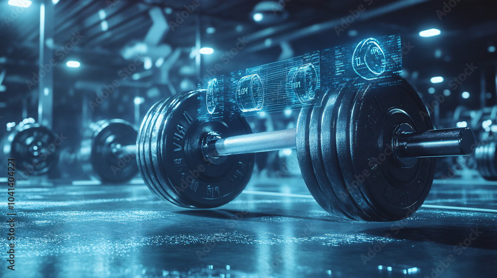 Poster dumbbells floating in a gym with transparent holographic weight readings hovering above them