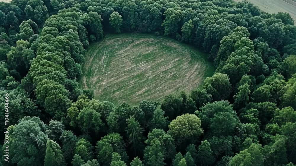 Poster an aerial view of a forest surrounding a clearing in the middle of a field