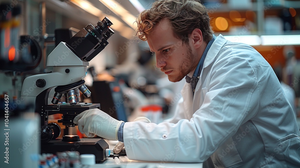 Poster a focused scientist examines samples under a microscope in a laboratory setting.
