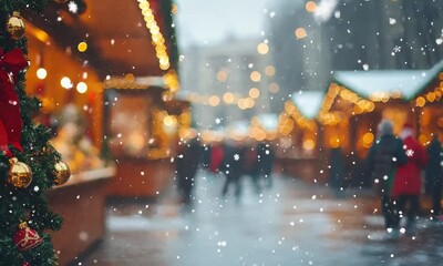 blurred background christmas market on snowy winter day