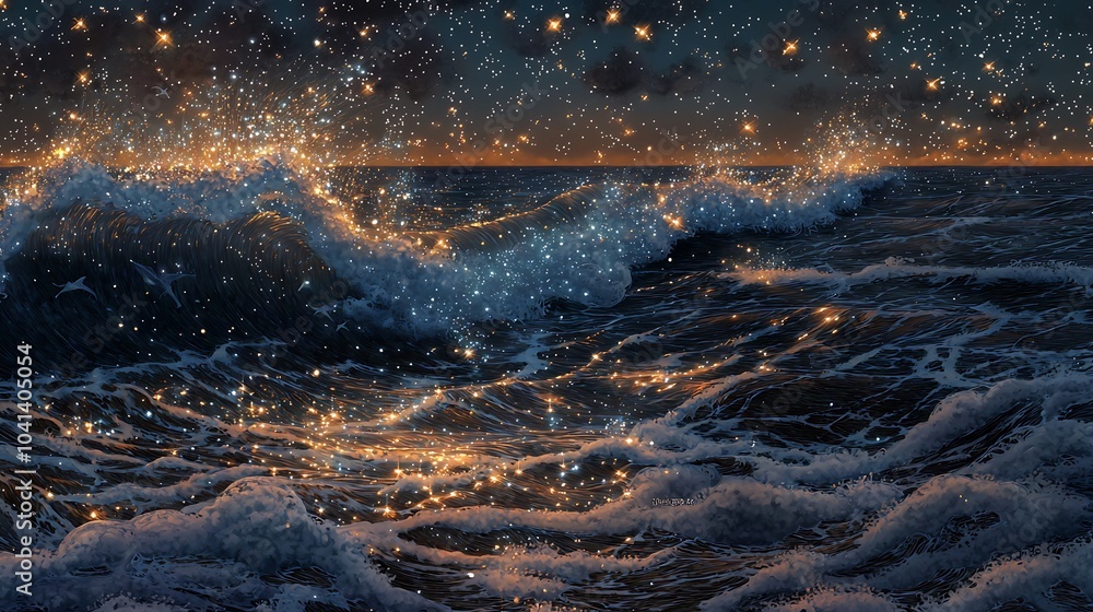Poster Waves sparkling with floating stars illuminating the ocean's surface at twilight creating a magical seascape experience