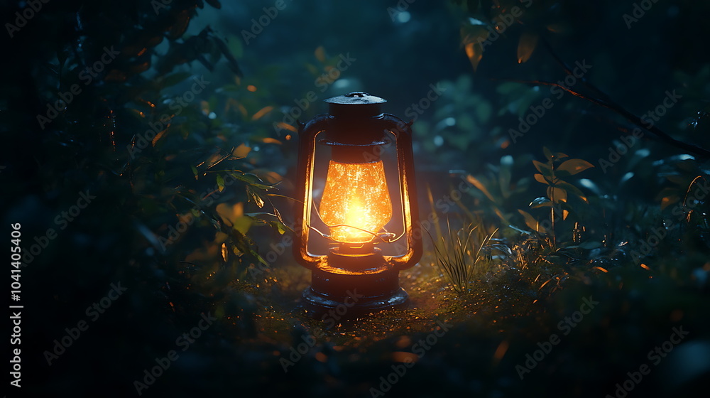 Leinwandbilder a rustic lantern illuminates the tranquil forest casting a warm glow in a serene natural setting