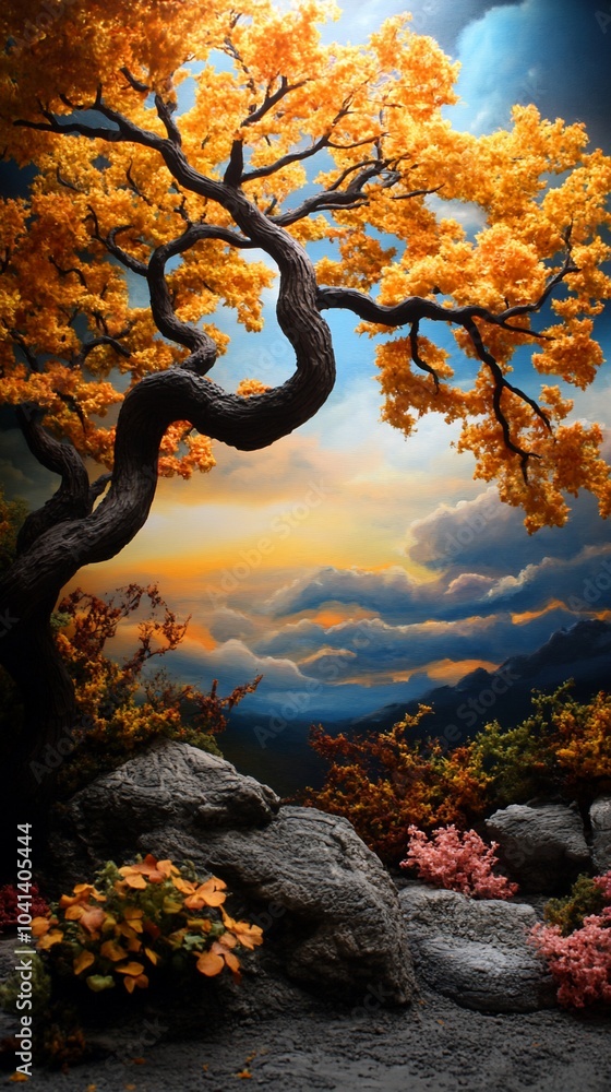 Poster a large golden tree with a twisted trunk stands on a rocky hilltop, with a view of a mountain range 