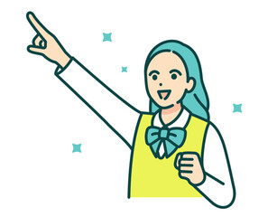制服姿の中学生が指を指す。キラキラ輝く未来をイメージしたベクターイラスト素材。