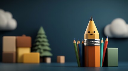 Cute 3D cartoon sharpener with a rainbowcolored pencil, colored pencil sharpener, playful design