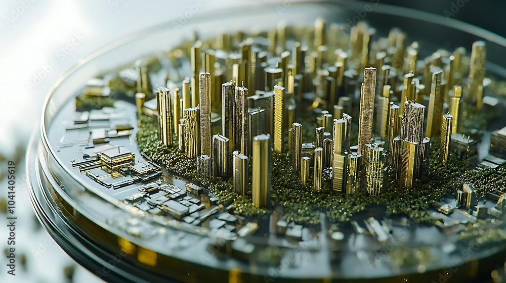 Poster exploring a futuristic urban landscape with golden skyscrapers a detailed model of innovative city d