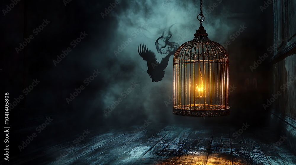 Poster a captivating scene of a glowing birdcage surrounded by shadows capturing the essence of mystery and