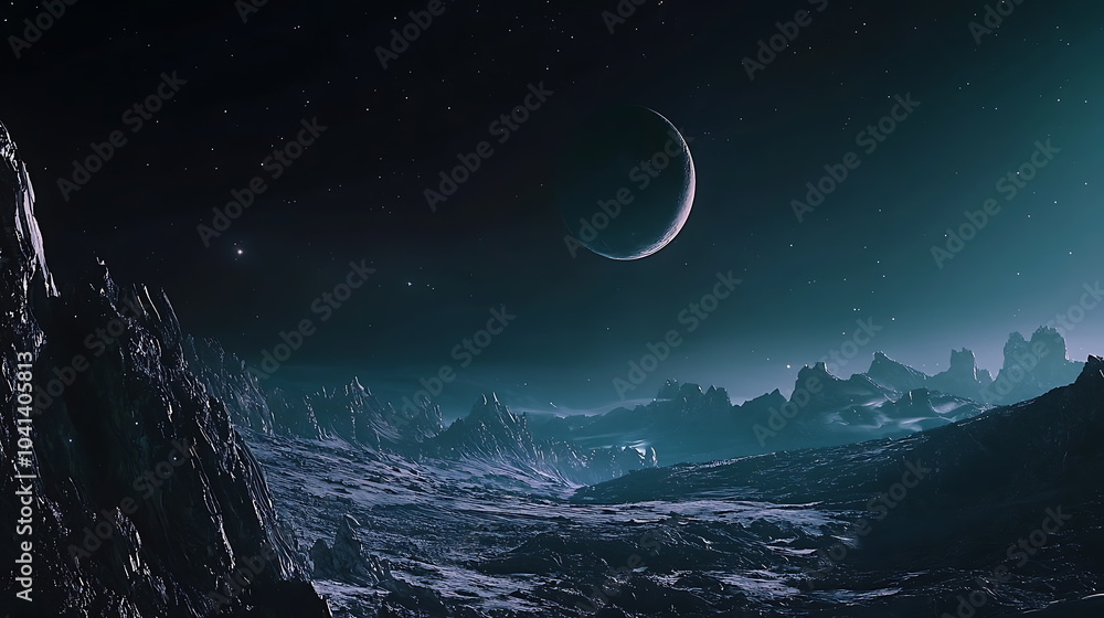Poster exploring an otherworldly landscape a breathtaking view of an alien terrain bathed in stellar light 