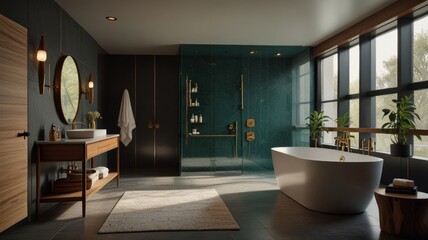 A modern bathroom with a freestanding bathtub, a walk-in shower, a vanity with a sink, and a large window with a view of trees.