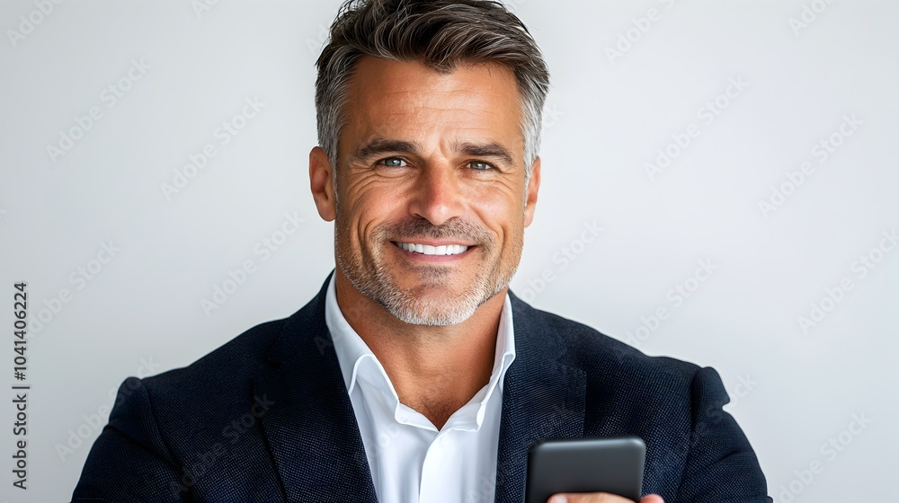 Poster confident and poised middle aged businessman dressed in formal attire using a smartphone with a calm