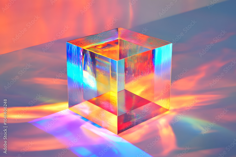 Poster A colorful transparent cube illuminated by vibrant light reflections creating a dazzling visual experience