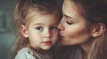 Affectionate mother kissing her pensive young daughter