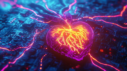 A stunning exploration of a neon-infused heart symbol vibrant colors and dynamic energy in a digital landscape