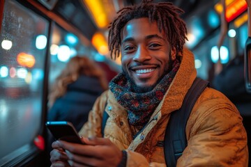 A man with a bright smile, using his smartphone while commuting on a bus. Generative AI