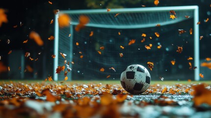 autumn leaves falling around a soccer ball in sunlight