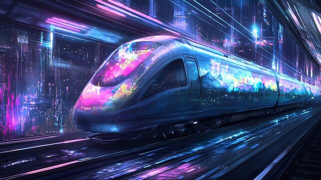 A journey through tomorrow the enchanting world of a futuristic train winding through dreamlike landscapes