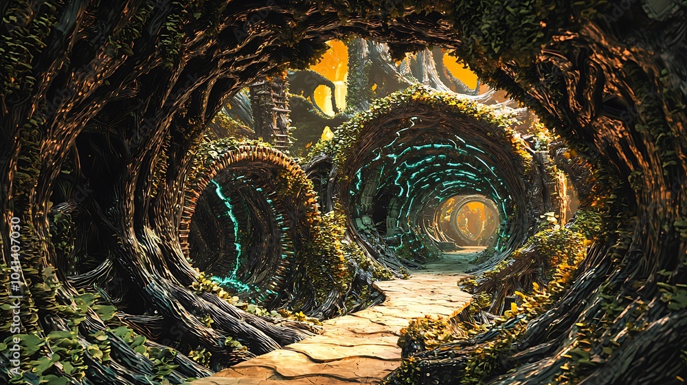 Poster exploring a mystical underground city filled with robotic vines and enigmatic pathways in an enchant