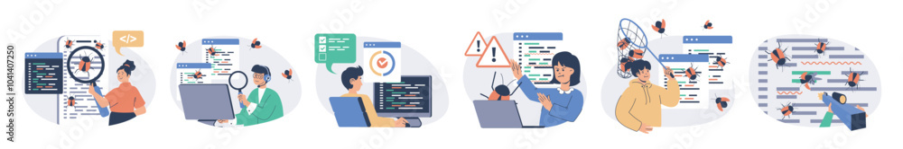 Poster Software testing concept set with characters in flat design for web. People searching and finding bugs in program code and fixing mistakes, doing quality assurance analysis. Vector illustrations.