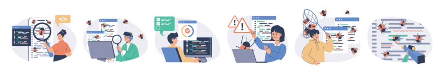 Software testing concept set with characters in flat design for web. People searching and finding bugs in program code and fixing mistakes, doing quality assurance analysis. Vector illustrations.